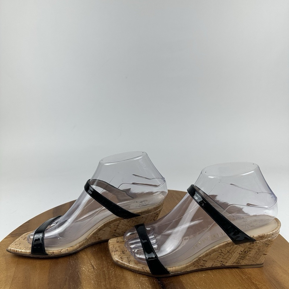 New NWOB Womens Stuart Weitzman Aleena 50 Black Patent Leather Wedges Size 6.5 B - Picture 2 of 9